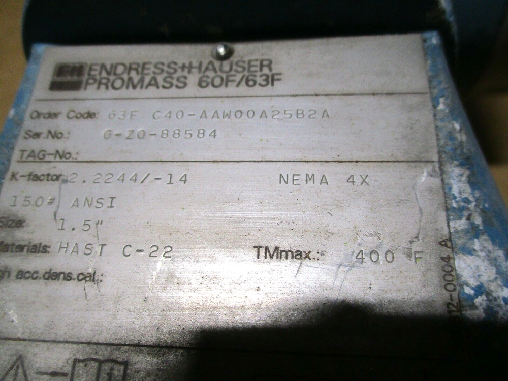 ENDRESS HAUSER, 63FC40AAW00A25B2A, 1.5" 150 FLOW METER, USED