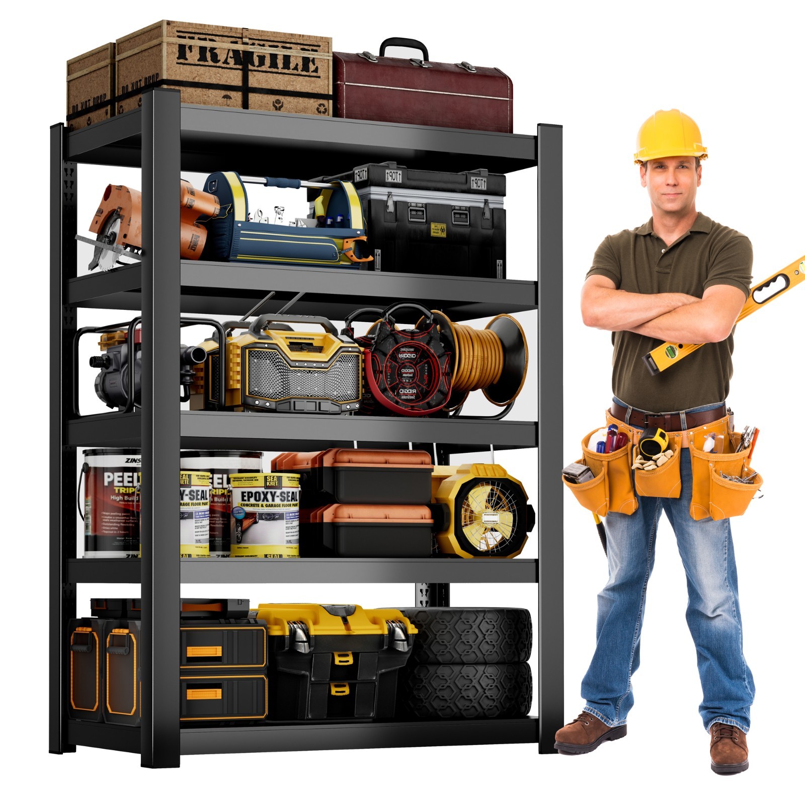 CJF 5-Tier Metal Storage Shelves, Garage Shelving for Garage, Basement, Black