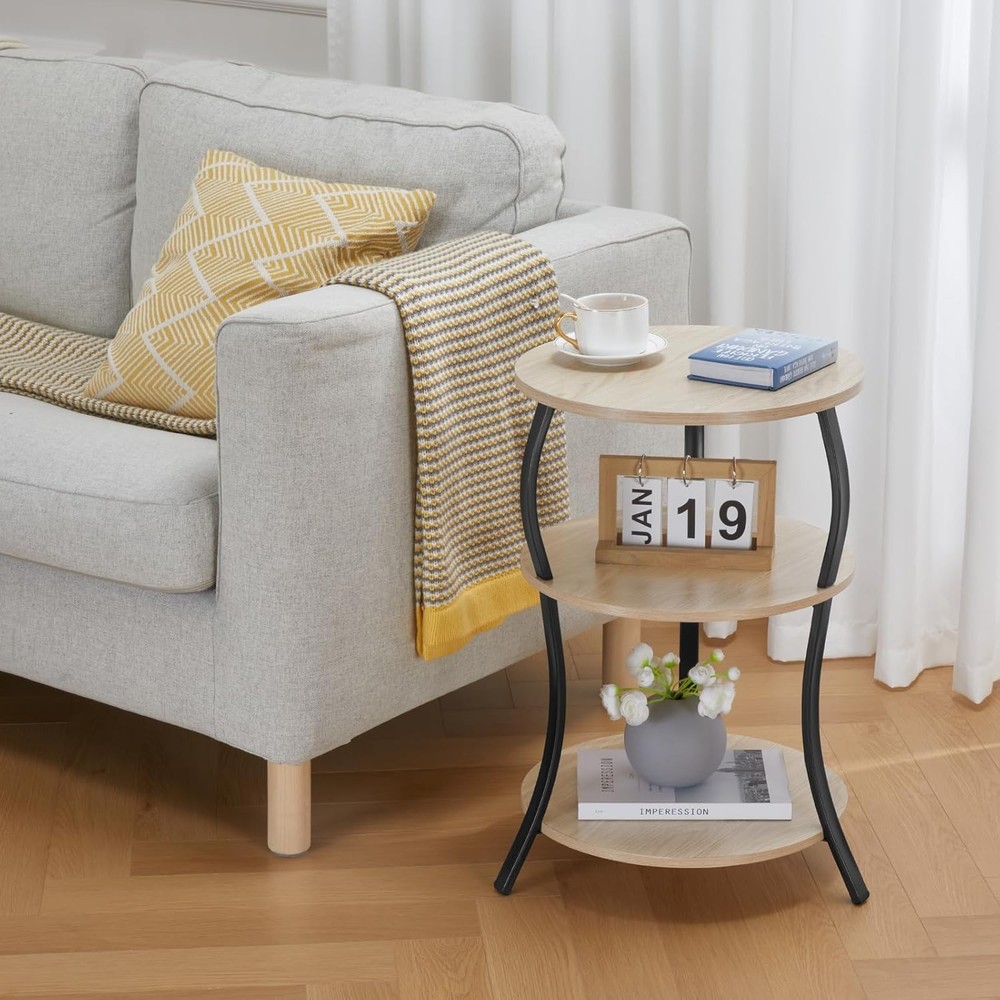 Round Side Table 3-Tier End Table W/ Storage Shelf Narrow & Small Spaces Round