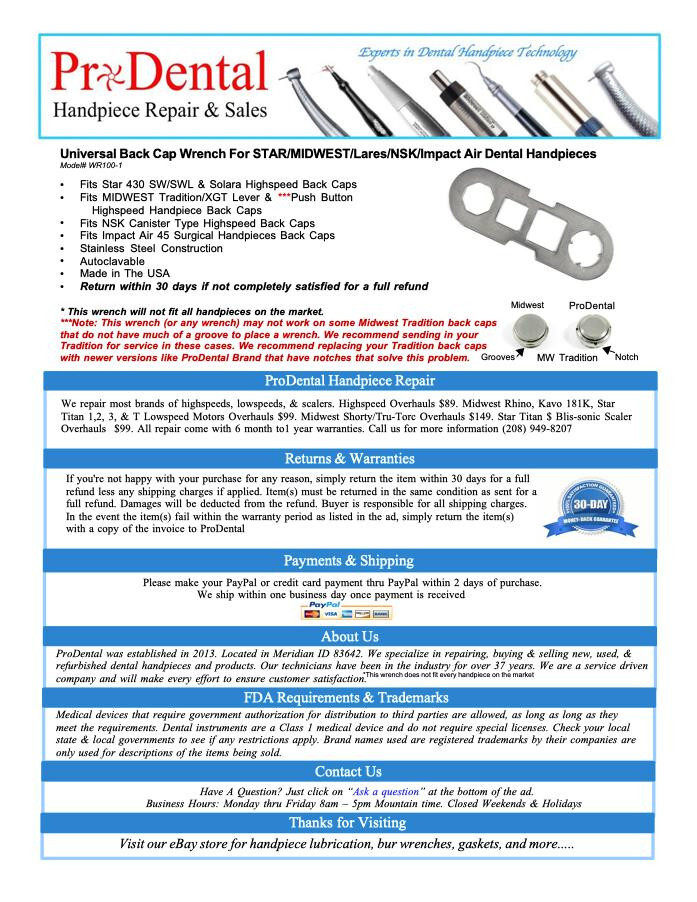 STAR 430 SWL SW & Solara Dental Handpiece Universal Back Cap Wrench