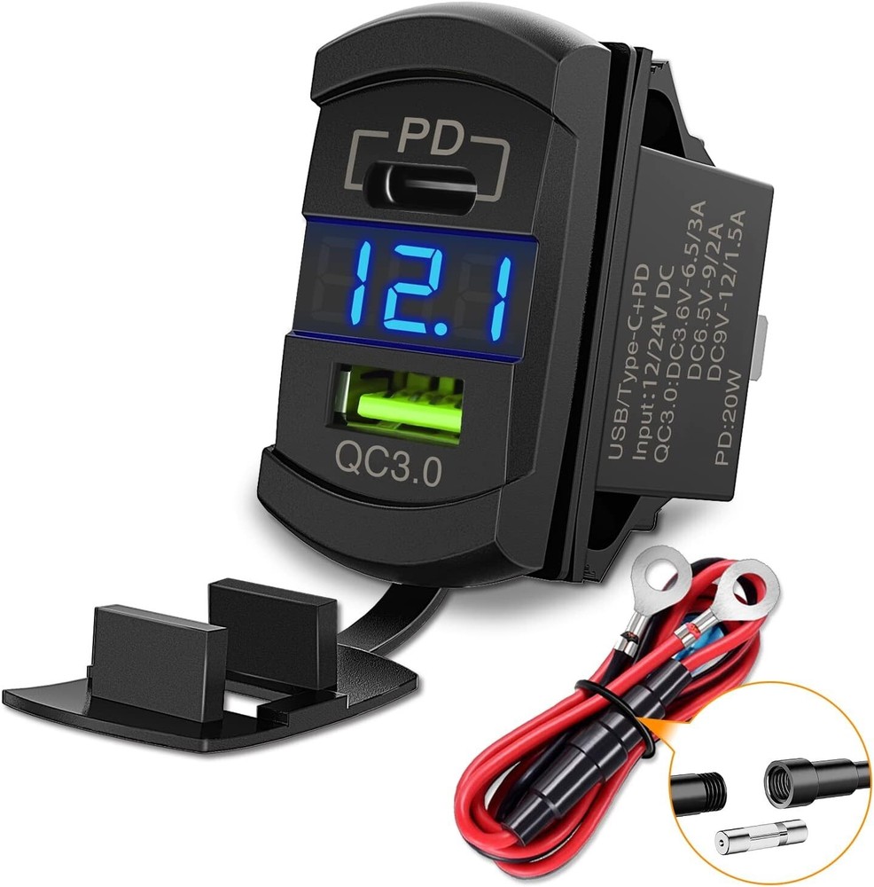 Nilight Rocker Switch Style USB Charger LED Voltmeter Quick Charge 12V PD Type C