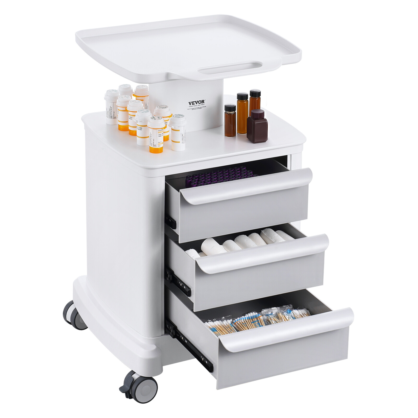 VEVOR 4 Tiers Lab Carts Mobile Medical Cart with 3 Drawers & 1 Top Tray White