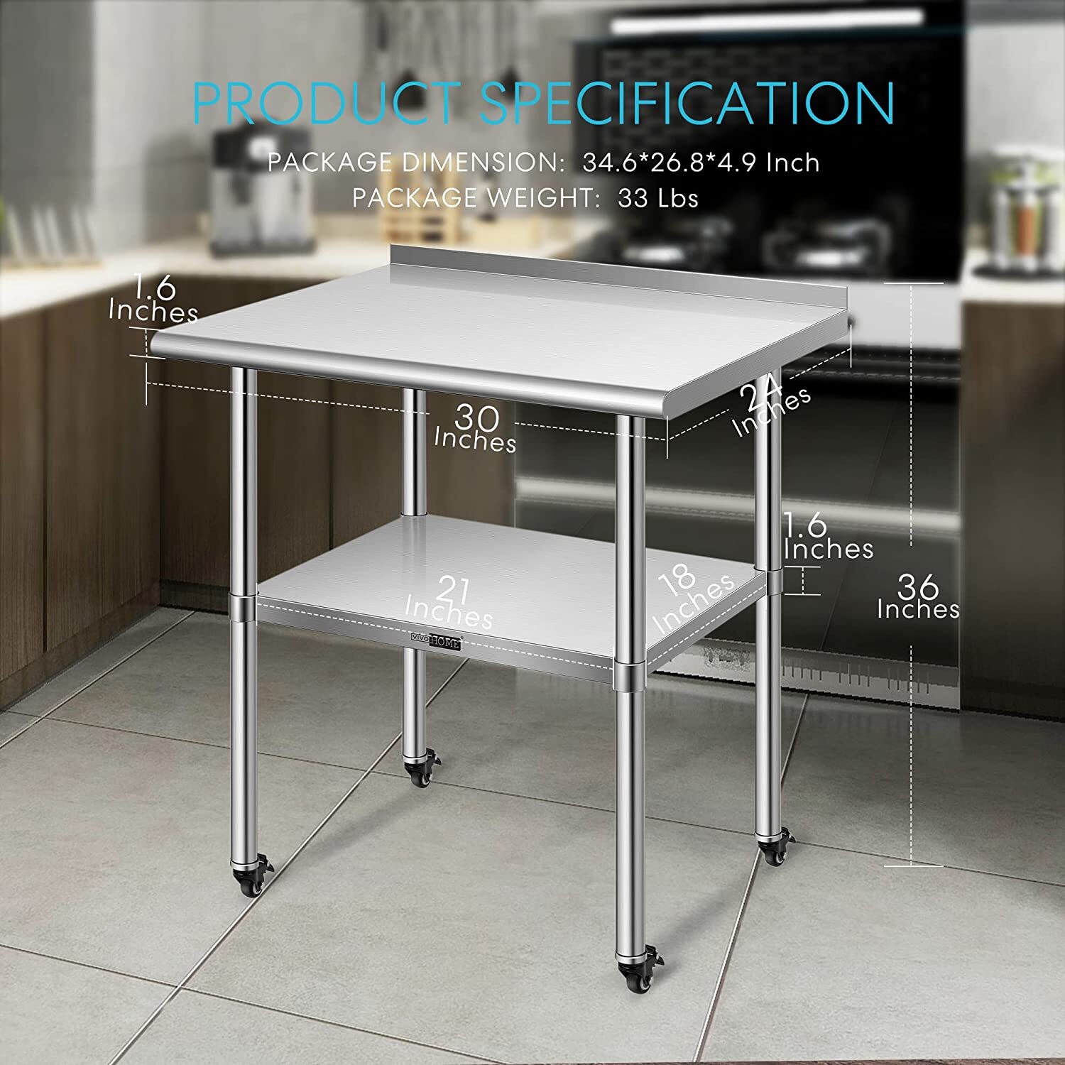 24'' x 30'' Stainless Steel Work Table w/ Backsplash Food Prep Commercial Table