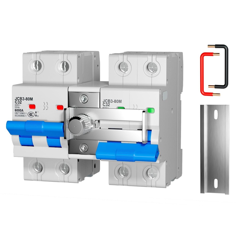 32A Dual Power Manual Transfer Switch, 2Pcs Circuit Breakers, DIN Rail, Home/Ind