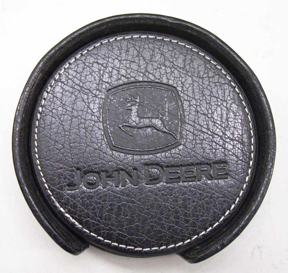 JOHN DEERE black leather COASTER set + caddy holder running deer logo