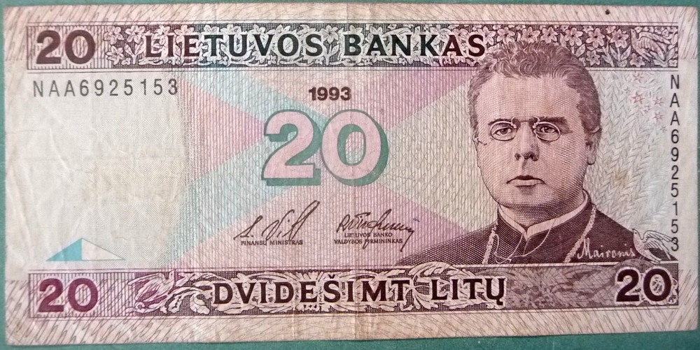 LITHUANIA 20 LITU NOTE FROM 1993, P57
