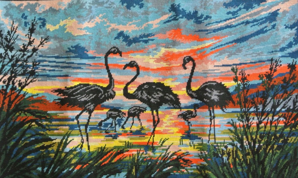 Flamingos in Sunset Completed Needlepoint Vintage