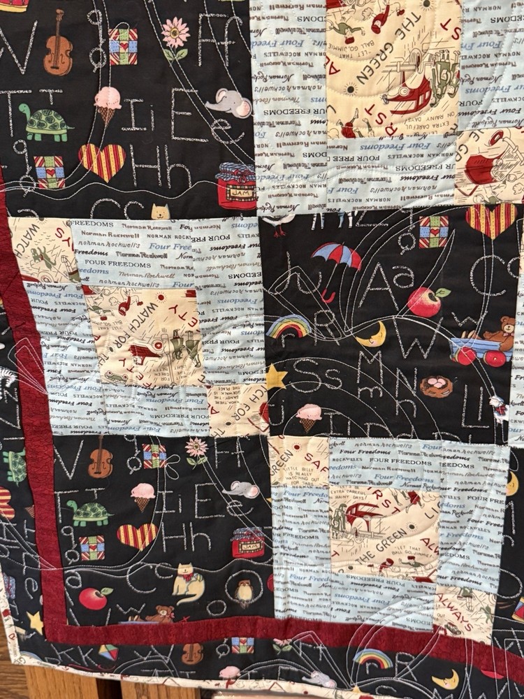New Patchwork Quilt Throw Blanket Handmade Signed Reversible ABCs Cats 57”x42”