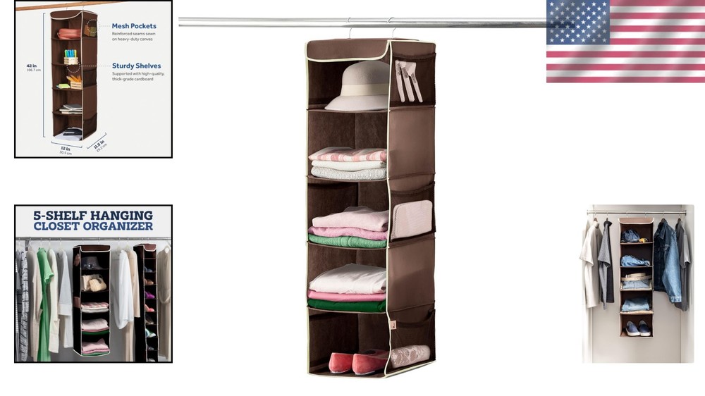 5-Shelf Hanging Closet Organizer - Stylish Space-Saving Solution for Closets