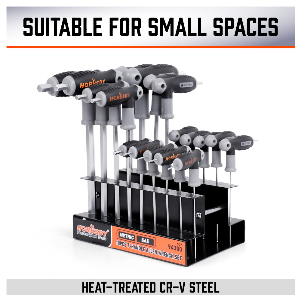 18Pc SAE/Metric T Handle Allen Wrench Ball End Hex Key Set Long w/ Storage Stand