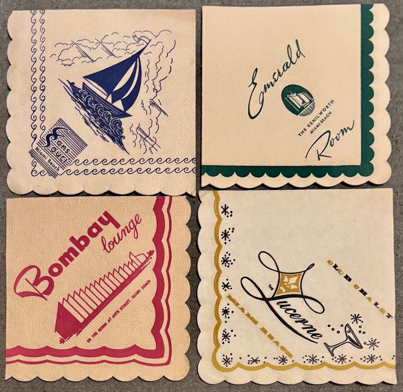 4 Vintage 1960s Miami Beach Florida Hotel Bar Cocktail Napkins