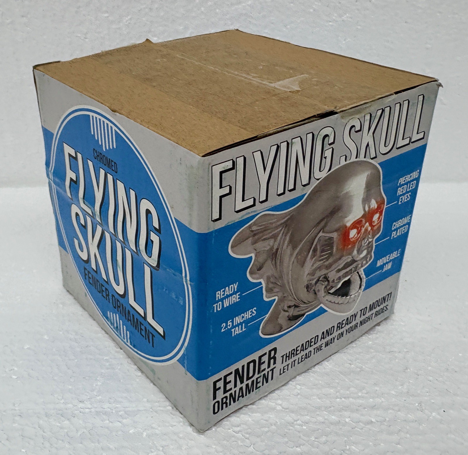 NEW NOS Vtg Flying Skull Chrome Motorcycle Bike Fender Ornament w/ Red LED Eyes