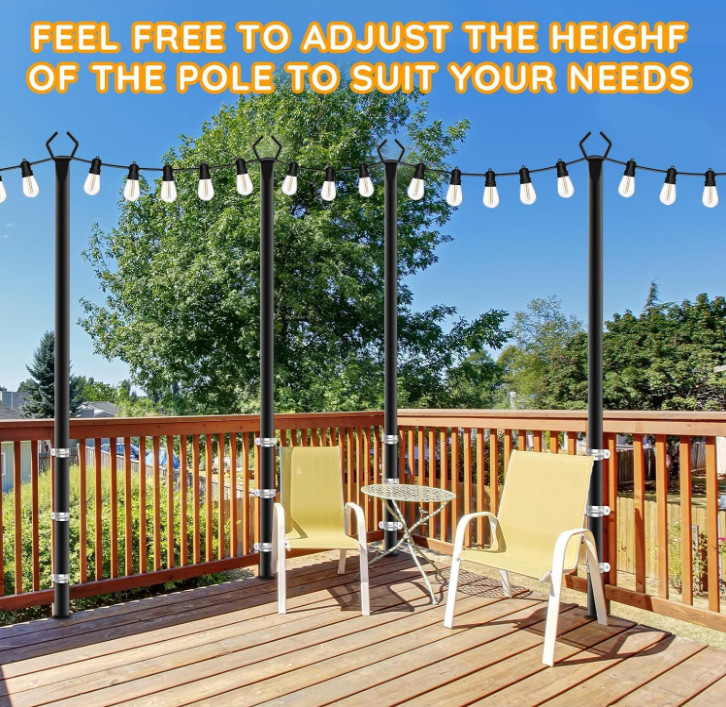 6 Pack 10ft Outdoor String Light Poles, Rustproof, Adjustable, with Hooks & Deck