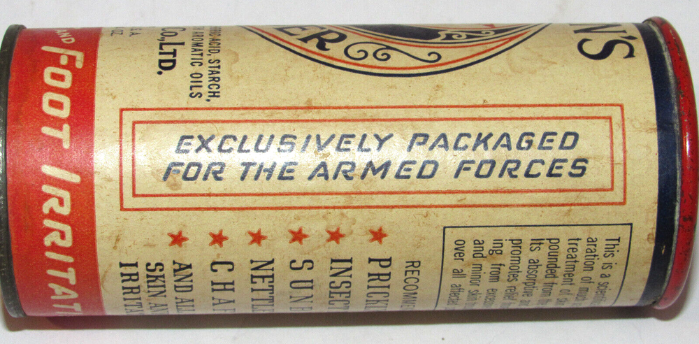 VINTAGE 1940s WWII AMMEN'S ANTISEPTIC POWDER CAN! PACKAGED FOR THE ARMED FORCES!