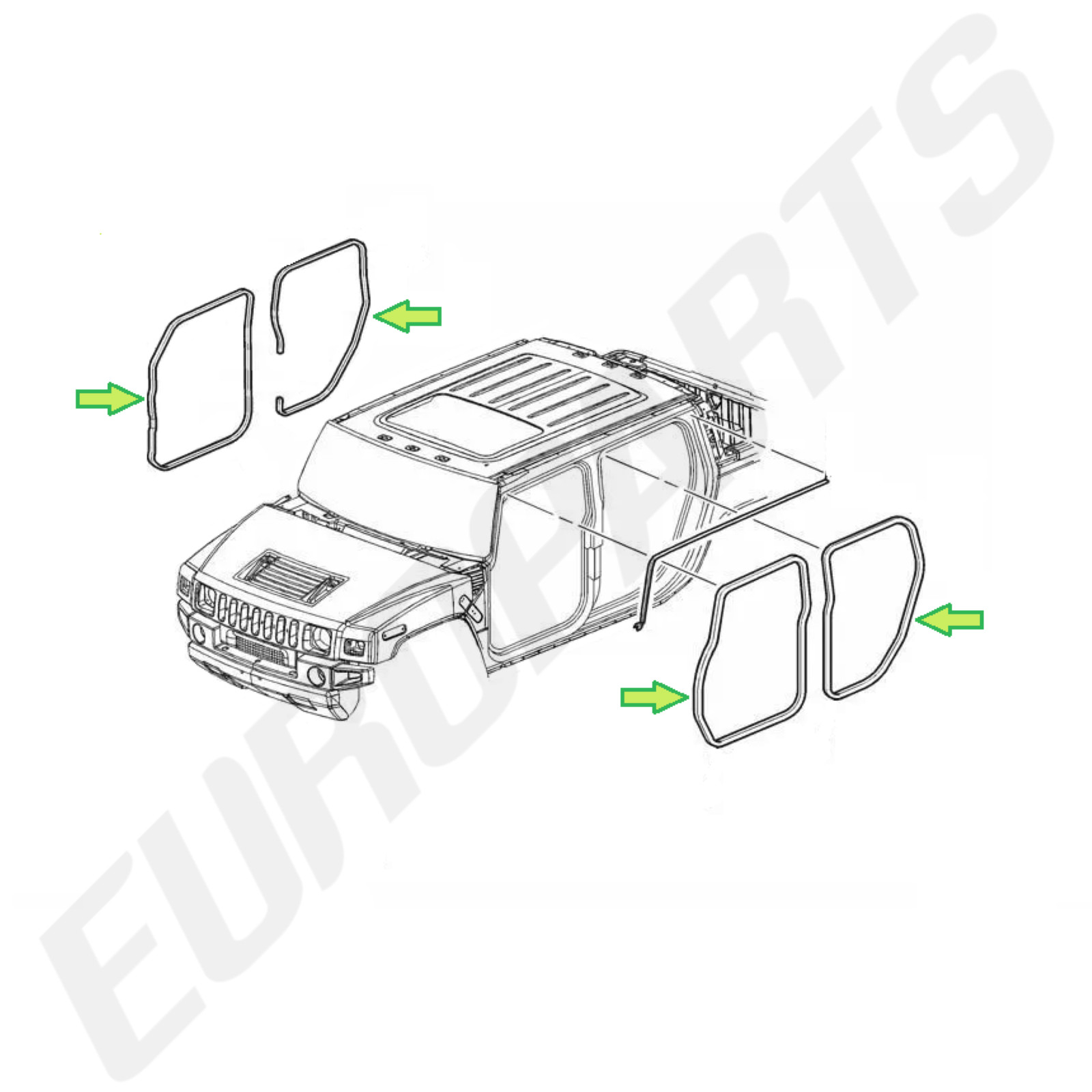 2003-09 Hummer H2 SUV 5-Piece Rubber Seal Weatherstrip Set for Doors & Liftgate
