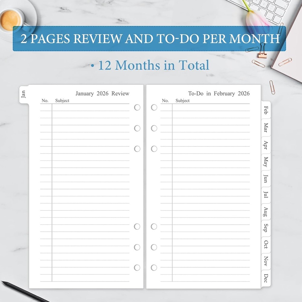 2026 Monthly Planner Refill, A6 Small Size Planner Inserts for 6 Ring,