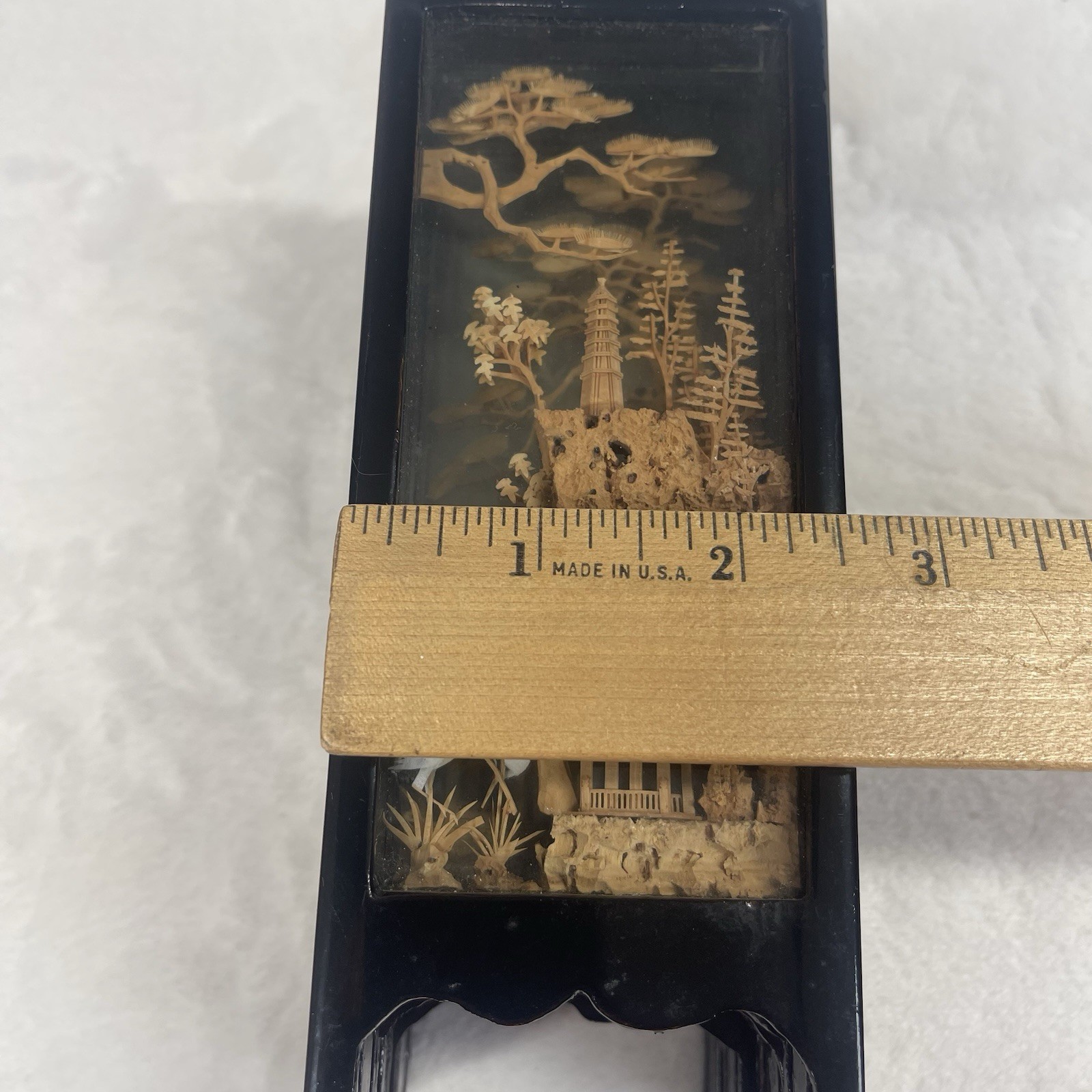 Vintage Chinese Cork Diorama Folding Screen Double Glass Lacquer Wood 4 Panel