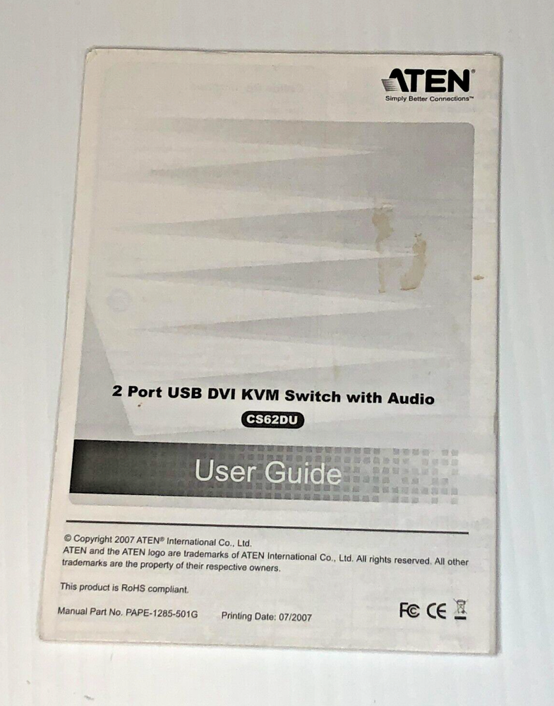 ATEN 2-Port USB DVI KVM Switch with Audio, Model CS62DU, includes Remote Button