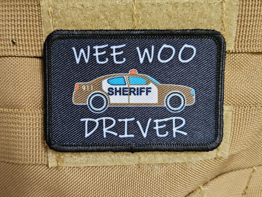Wee woo driver sheriff brown car funny 2"x3" removable patch hook and loop back