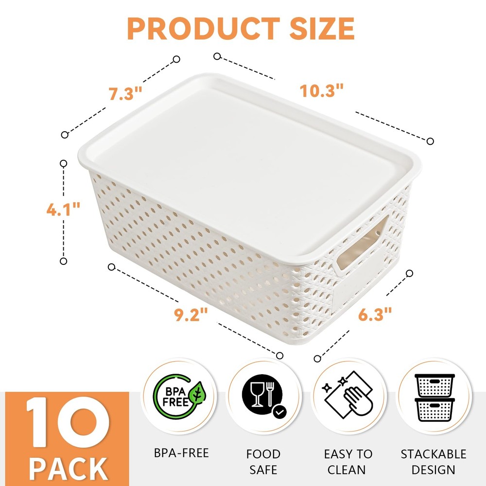 10 Pack Plastic Storage Bins with Lids, Stackable Plastic Storage Baskets for...