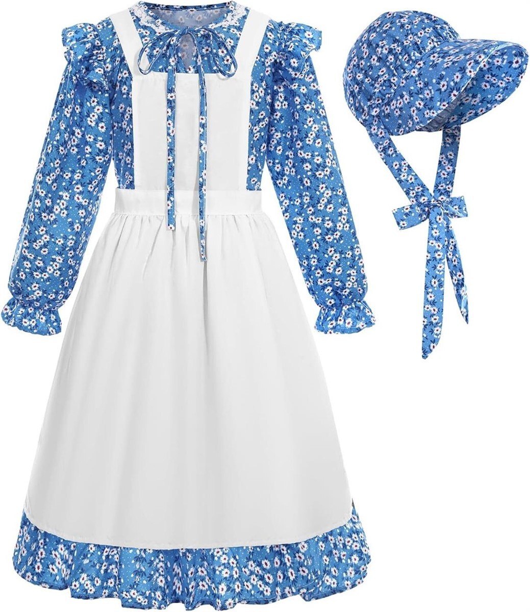 Pioneer Prairie Colonial Dress Costume w/ Apron & Bonnet girls kids age 5-12
