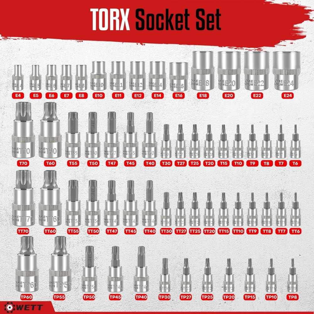 60-Piece 1/4",3/8",1/2" Drive Master Torx Bit Sockets & External Torx Socket Set