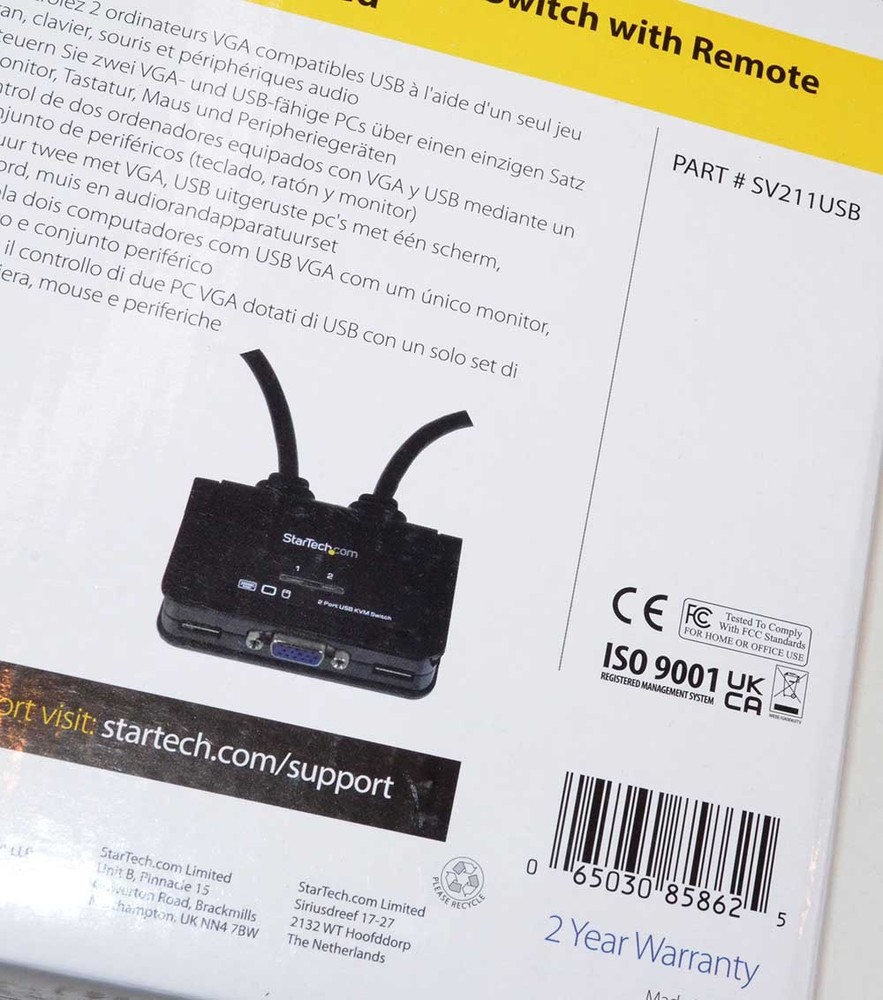 NEW - Startech 2 Port USB VGA Cable KVM Switch With Remote Switch - SV211USB