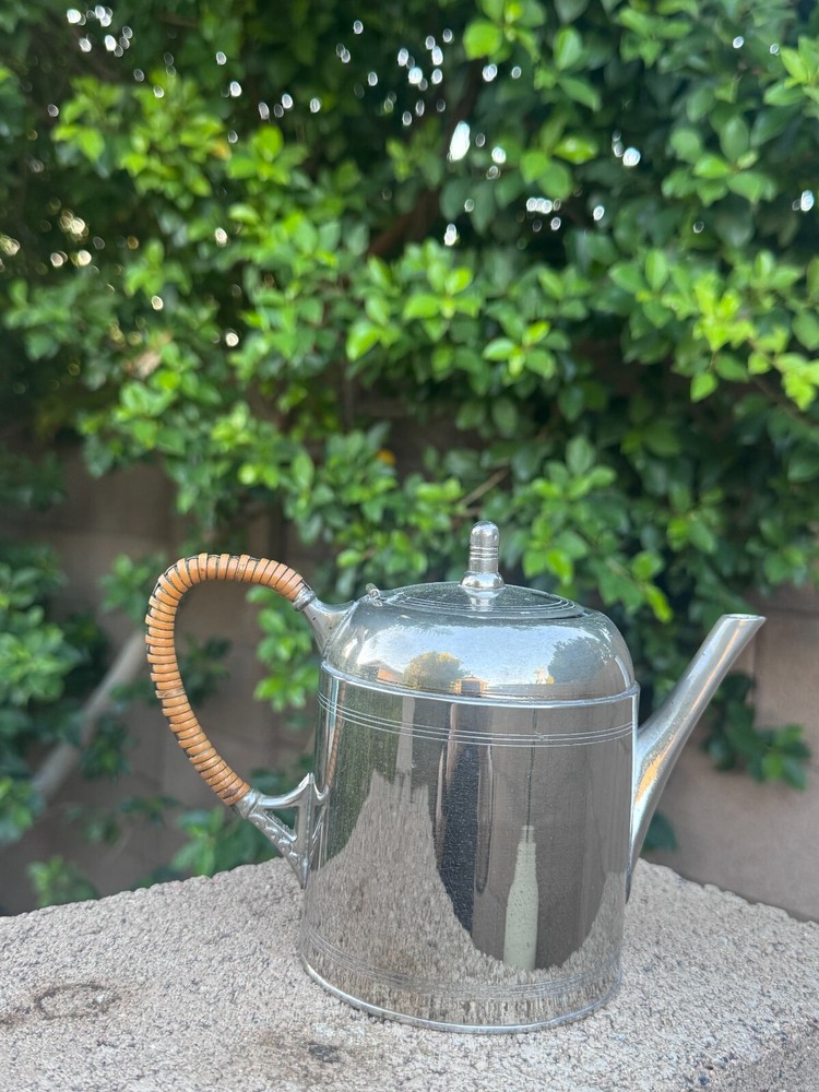 Silver Plate Wicker Wrapped Handle Tea Pot Art Deco Style