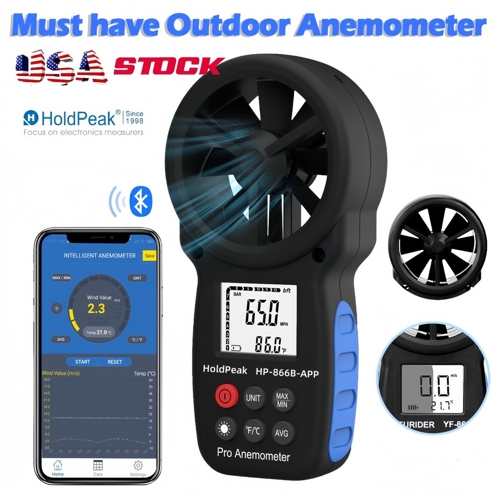 Handheld Digital Anemometer CFM Wind Speed Meter 30m/s Temp Test Wind Chill LCD