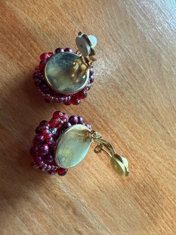 Pair Ruby Red Bead Knot Clip Earrings 7/8"dia.