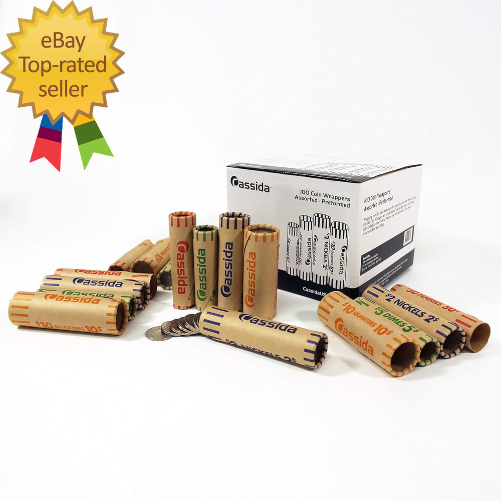 Preformed Coin Roll Wrappers. 100 Assorted Pack (Penny, Nickel, Dime, Quarter) D