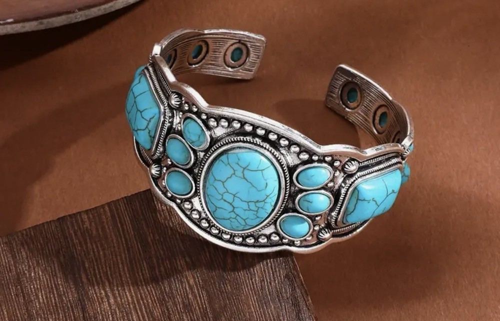Turquoise Cuff Bracelet Western Boho Silvertone Jewelry