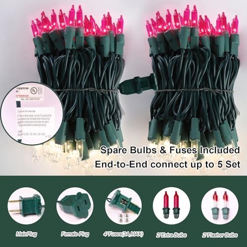 Pink Clear Christmas Valentine's String Lights 100 Pink and Clear-Green Wire