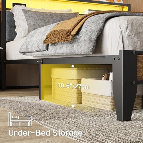 Bed Frame with Headboard, Metal Platform Bed Size with 2-Tier Storage, Full