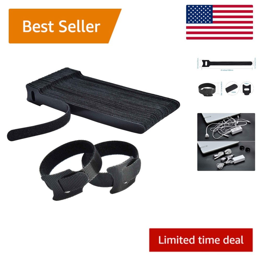 Durable 60PCS Hook & Loop Cable Ties – Reusable Microfiber Organizers in Black