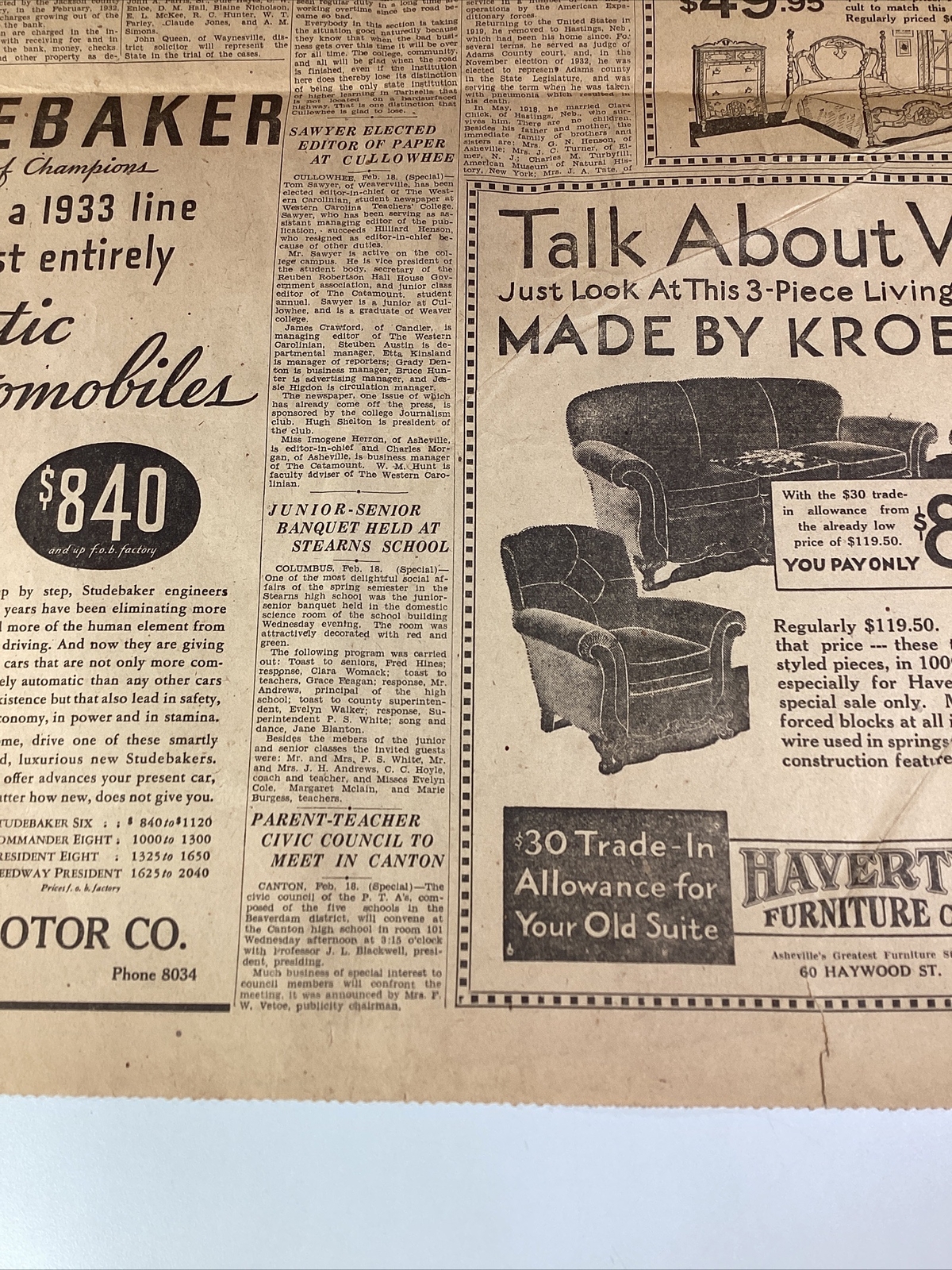 Ashville NC Newspaper Feb 19, 1933 Boxer Jim Corbett Dempsey Lou Gehrig Haverty