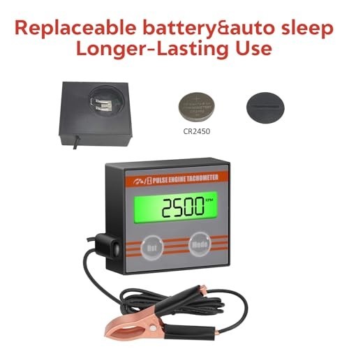 Inductive Digital Engine Tachometer with Clip - Mini Gauge, Hour Meter & Backlig