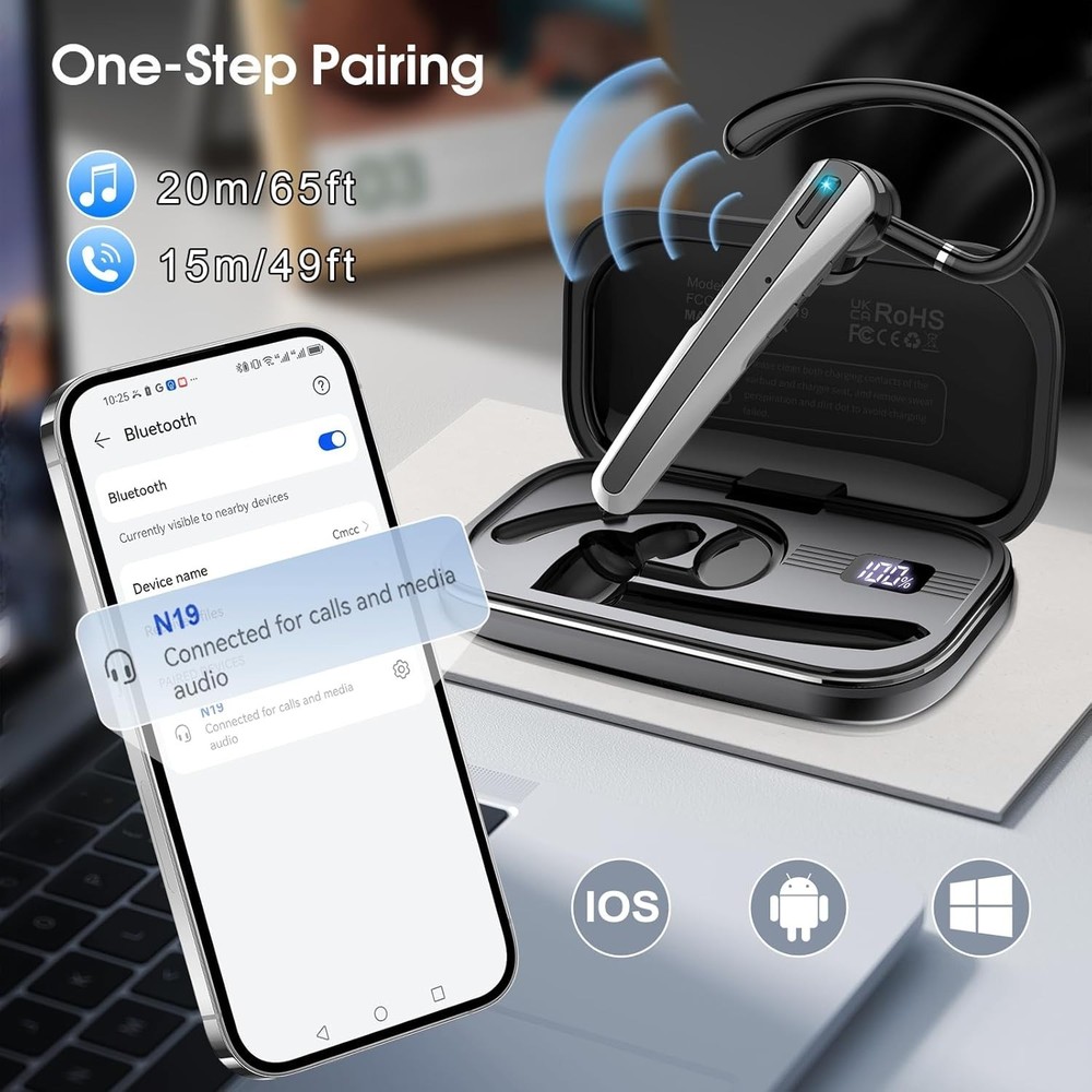 Single-Ear Wireless Headset with Active Noise Cancellation & Long Battery Life