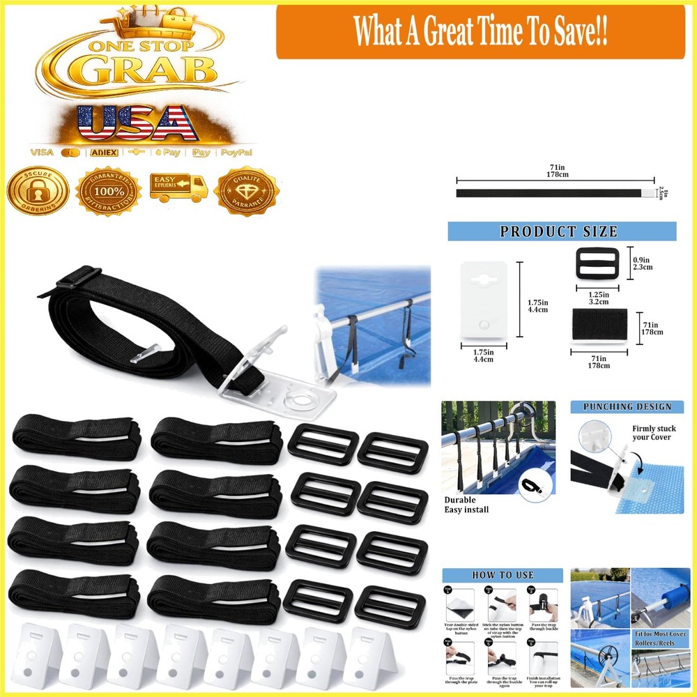 8-Pack Pool Cover Strap Kit with Hook & Loop Fasteners for 10-24ft In-Ground ...
