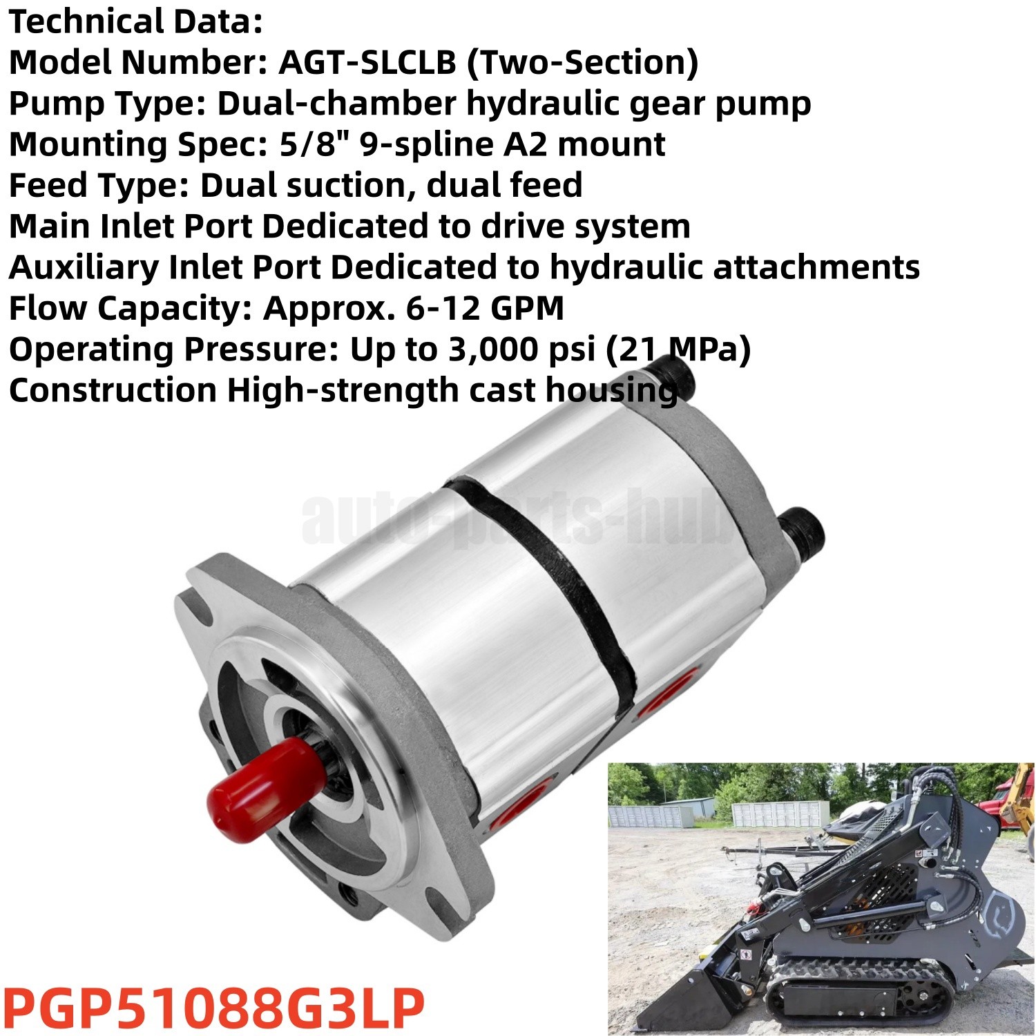 Two-Section Hydraulic Gear Pump PGP51088G3LP For AGT Skid Steer Loader KTT23 New
