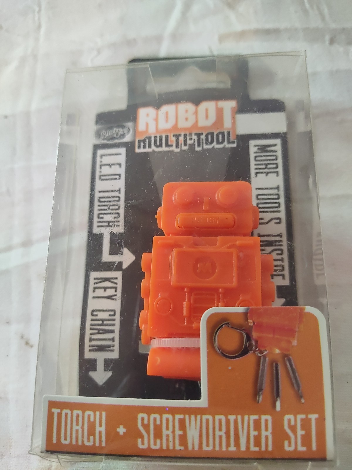 VTG Robot Multi-tool Screwdriver Keychain Flashlight Orange Blue Sky