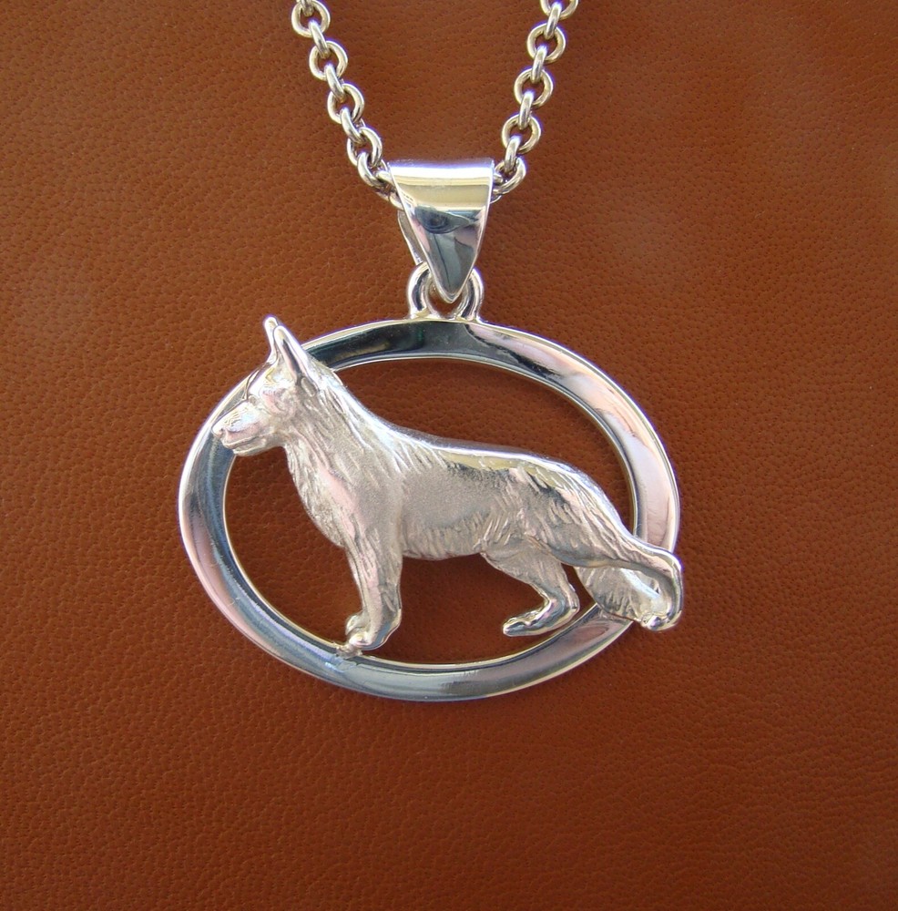 Large Sterling Silver German Shepherd Dog Standing Study On A Horizontal Oval Fr