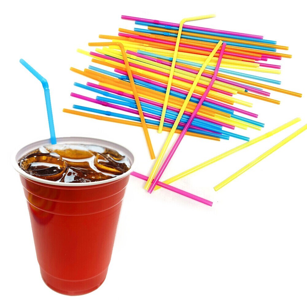 Flexible Plastic Drinking Straws (200 ct, Assorted Neon) Bendable Disposable