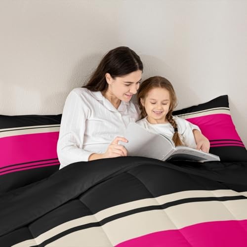 Patchwork Striped Comforter Set Hot Pink Black Stripes Bedding Queen Pattern 04