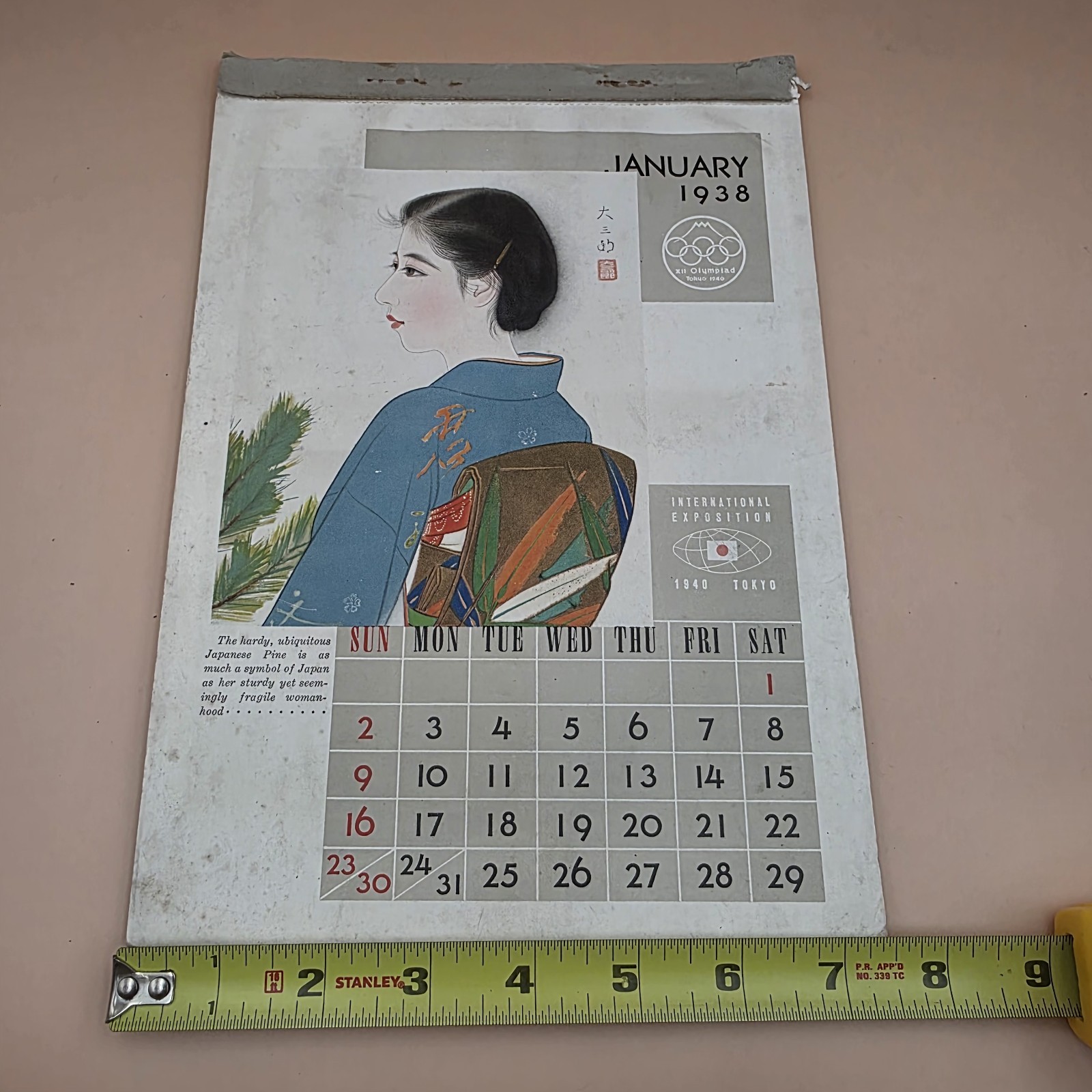 RARE XII Olympiad Ephemera Tokyo Japan 1938 Calendar WWII Canceled 1940 Olympics