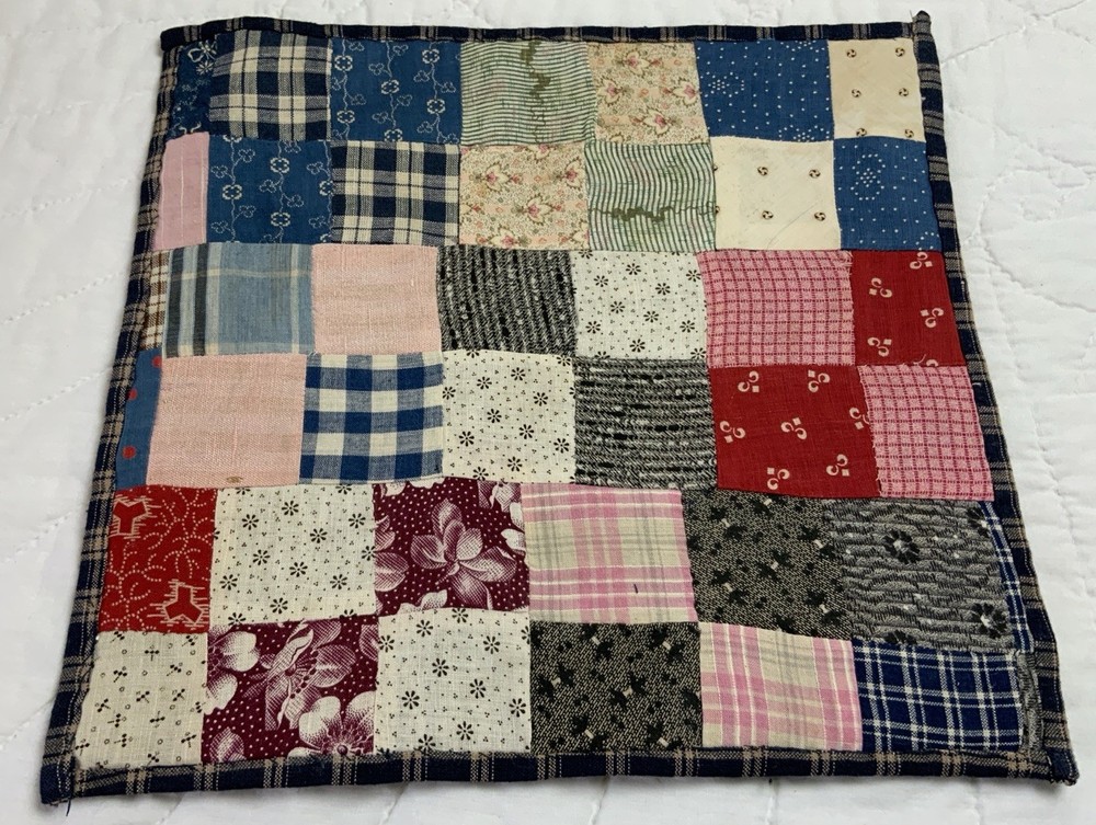 Antique Patchwork Quilt Table Topper, Rectangle, Four Patch, Early Calico Prints