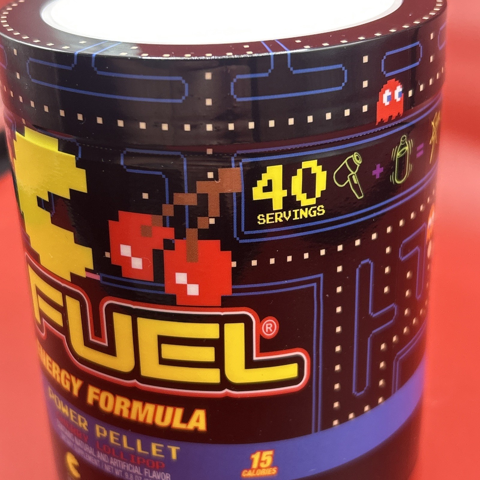 G FUEL Pac-Man Power Pellet Energy Tub (Cherry Lollipop) 40 Servings - Exp. 2028