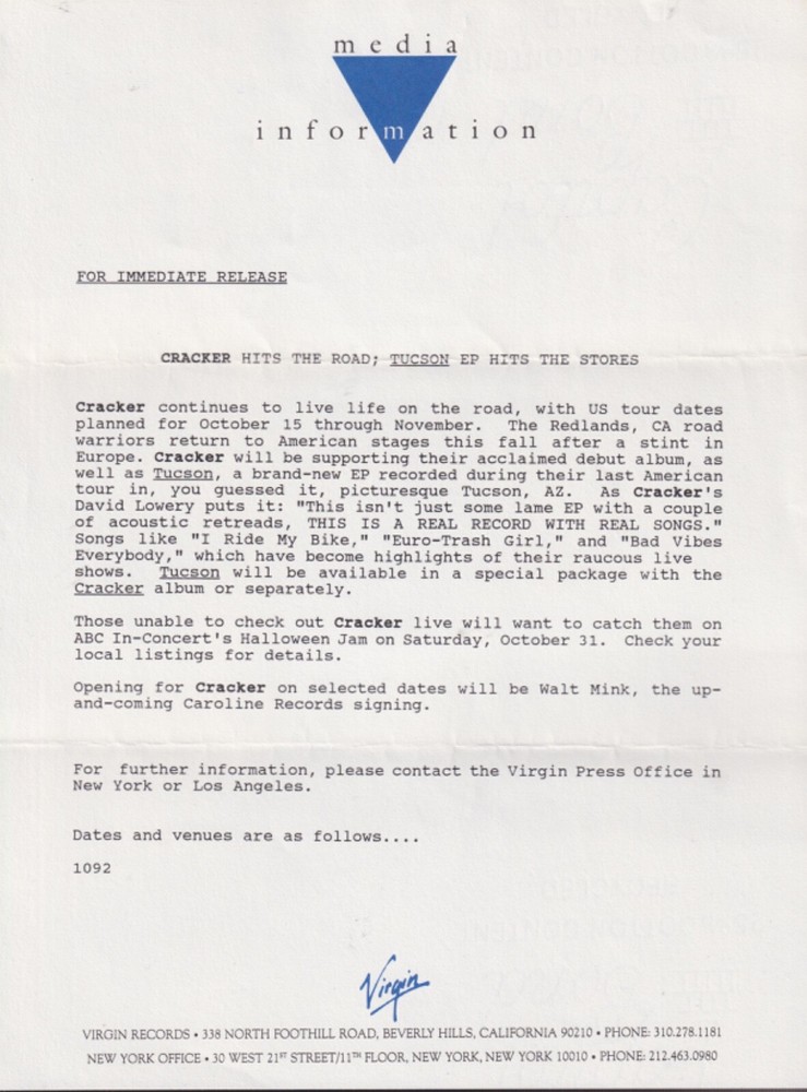 cracker press release for tour & Tucson ep 1992