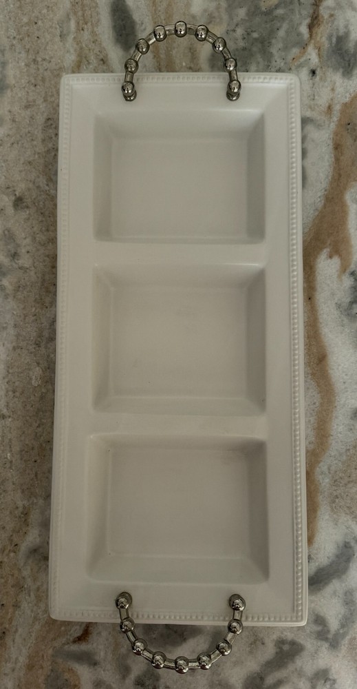 Mudpie 3 section Server 141017 white ceramic silver ball handles 19 1/2" x 8 1/4