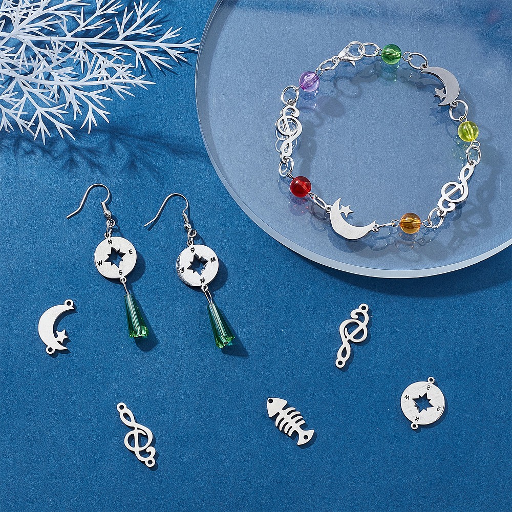 1box 16pcs Compass & Moon & Fishbone & Musical Note Links 201 Stainless